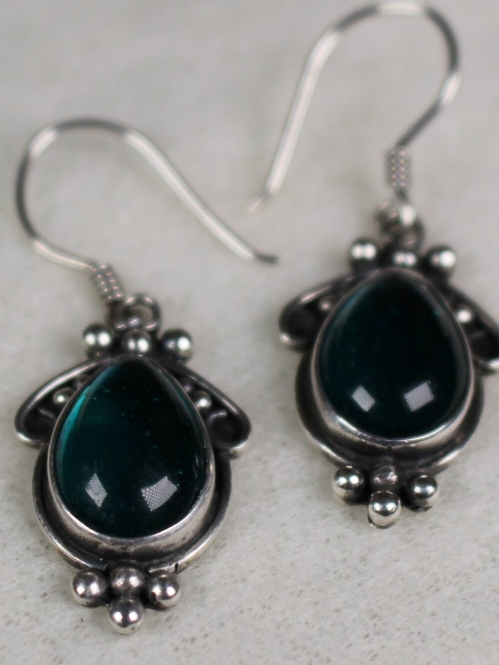 925 sterling silver stamped dangle earrings glass dark green elegant